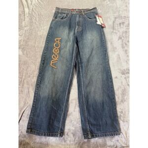 Mecca USA Vintage Wide Leg Baggy Jeans 12 Blue Denim Embroidered Logo NWT 26X26